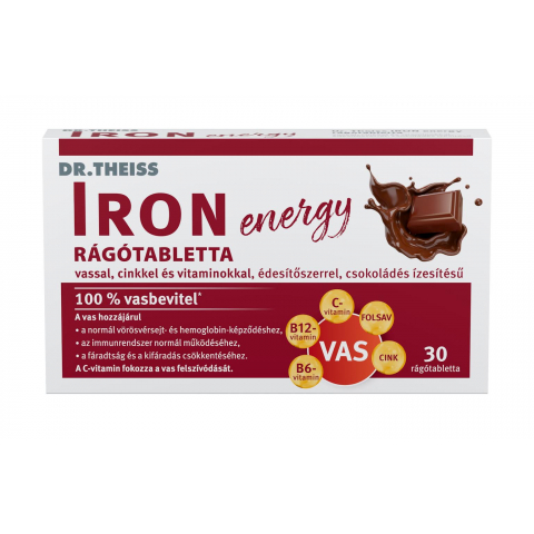 DR. THEISS IRON ENERGY rágótabletta vassal, cinkkel és vitaminokkal, édesítőszerrel csokoládé ízű 30db