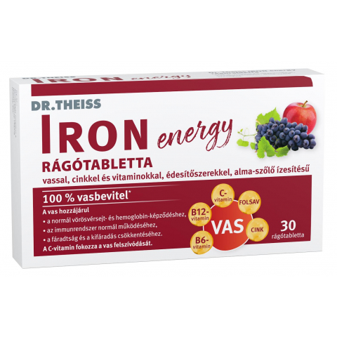 DR. THEISS IRON ENERGY rágótabletta vassal, cinkkel és vitaminokkal, édesítőszerrel alma-szőlő ízű 30db