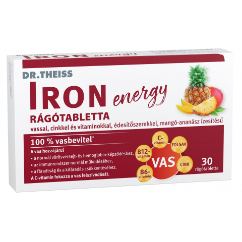 DR. THEISS IRON ENERGY rágótabletta vassal, cinkkel és vitaminokkal, édesítőszerrel mangó-ananász ízű 30db