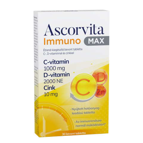 ASCORVITA IMMUNO MAX étrend-kiegészítő bevont tabletta C-, D- vitaminnal és cinkkel 30db